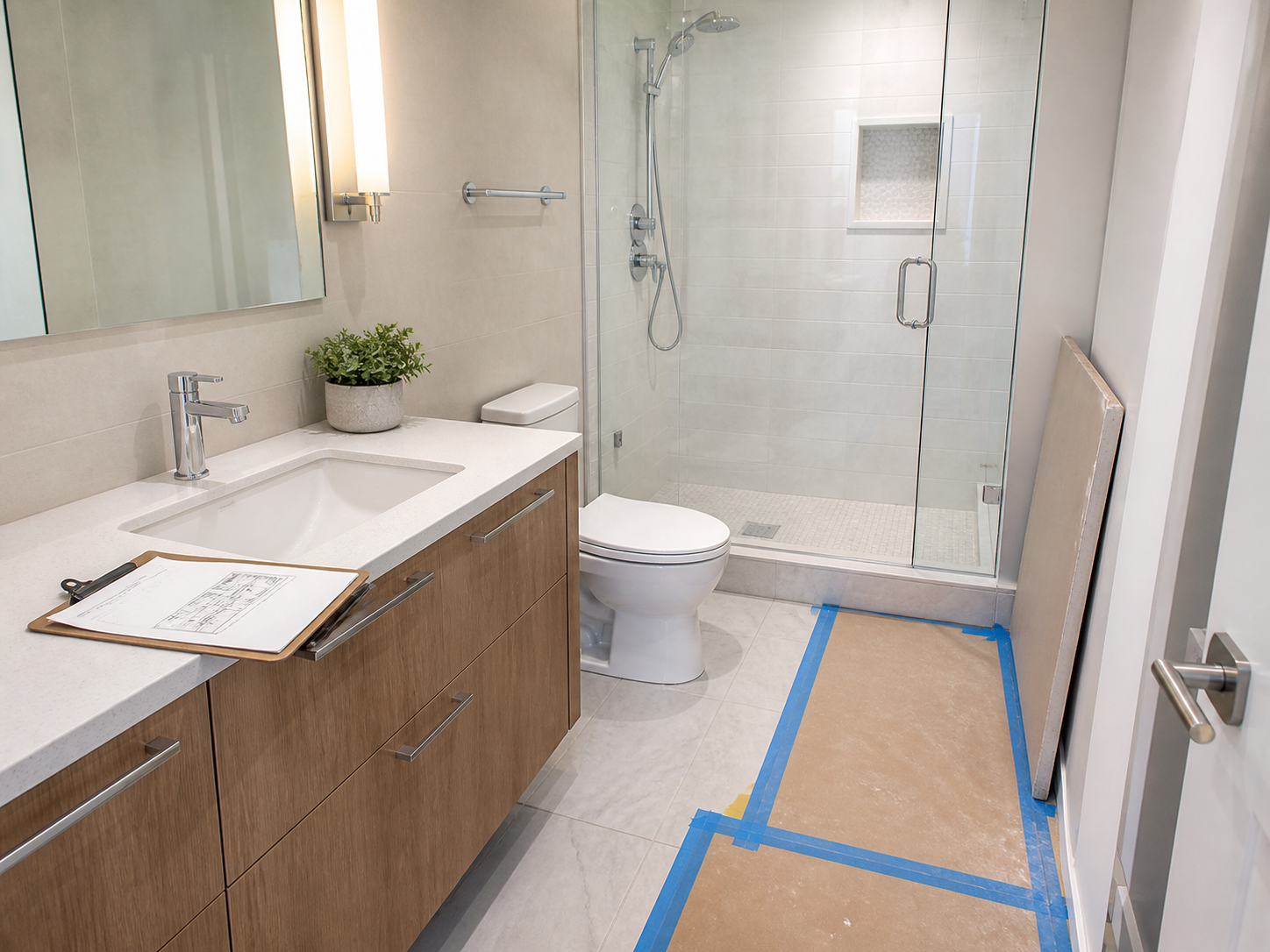 Modern condo bathroom renovation in progress